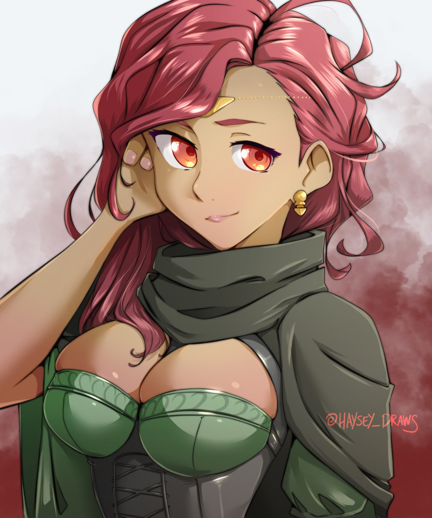 1girls 2d_(artwork) adjusting_hair breasts cleavage dark-skinned_female dark_skin earrings female_only fire_emblem fire_emblem:_three_houses hapi_(fire_emblem) haysey_draws looking_at_viewer medium_breasts medium_hair nintendo orange_eyes red_eyes red_hair smile solo