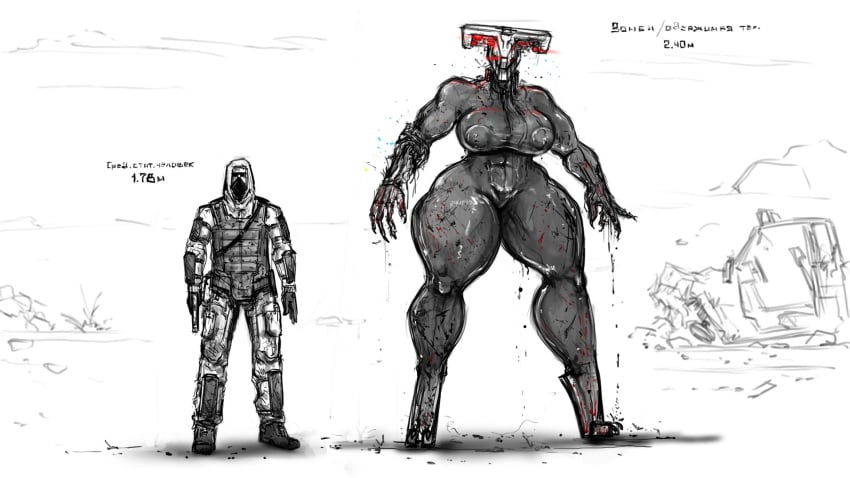 1boy 1girls 2d anthro big_ass big_breasts big_nipples blood gun heels high_heel_boots high_heeled_boots high_heels high_heels_boots huge_ass knee_boots knee_high_boots nikolai_ police police_uniform red_eyes robot robot_girl size_difference sketch tagme thick_ass thick_calves thick_legs thick_thighs