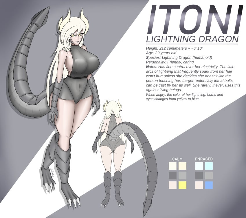 beetlebug big_ass big_breasts breasts character_sheet dragon_feet dragon_girl dragon_hands dragon_horns dragon_tail exposed_shoulders glowing_eyes glowing_hair hair_on_shoulder horns itoni_(beetlebug) leotard long_hair reference_image reference_sheet side_boob sideboob tail text thighs white_hair yellow_eyes