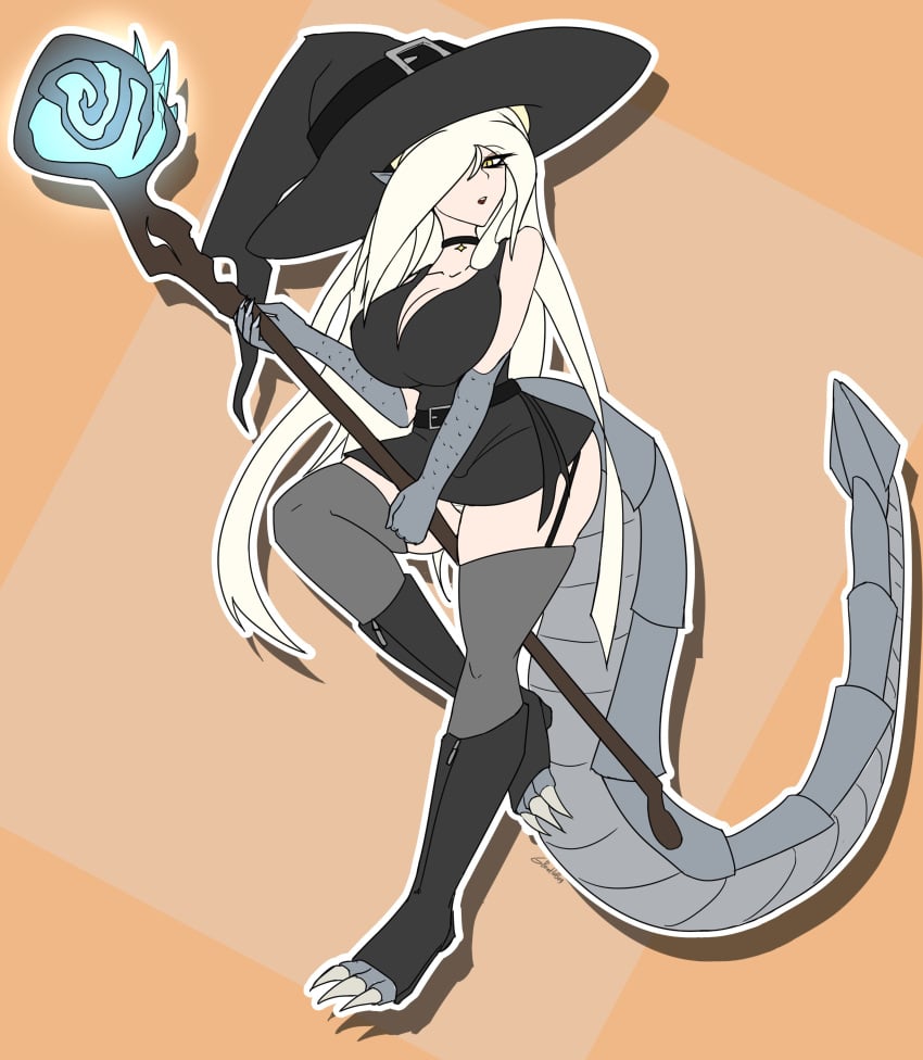 beetlebug big_breasts big_hat breasts breasts choker claws dragon_feet dragon_girl dragon_hands dragon_horns dragon_tail glowing_eyes halloween halloween_costume horns itoni_(beetlebug) long_hair looking_at_viewer outfit staff tail white_hair witch_costume witch_hat yellow_eyes