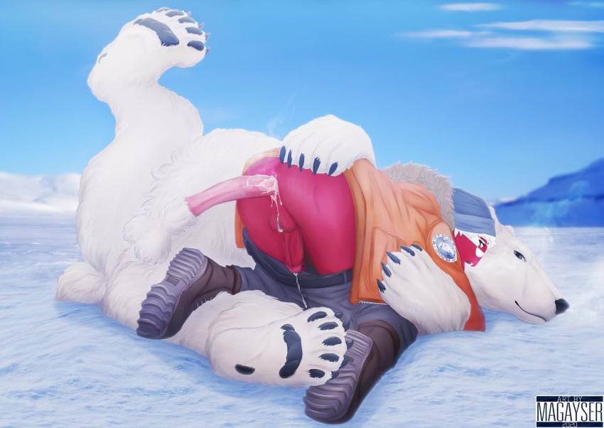 anal anal_sex ass bestiality countryhumans cum cum_inside detailed_background gay greenland_(countryhumans) magayser male male/male male_only mostly_clothed outside polar_bear red_skin thick_thighs yaoi zoophilia