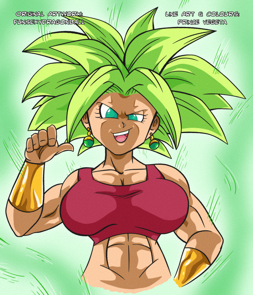 1girls abs alternate_version_available blue_eyes bracelet bracer busty clothing dragon_ball dragon_ball_super earrings female female_only fully_clothed funsexydragonball fusion green_eyes green_hair jewelry kefla large_breasts legendary_super_saiyan muscular muscular_female open_mouth prince_vegeta saiyan smile solo spiky_hair sports_bra super_saiyan teal_eyes toned_female tongue underboob