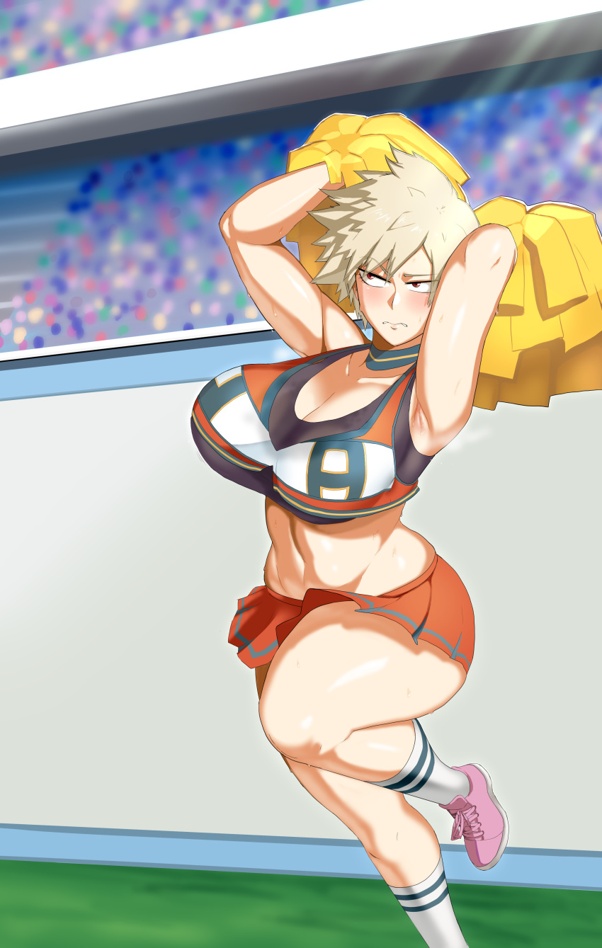 1girls 2d_(artwork) alternate_costume blonde_hair blurry_background blush cheerleader_uniform curvaceous curves curvy curvy_figure embarrassed hi_res huge_breasts human impossible_clothes large_breasts linkxs looking_at_viewer looking_away mature mature_female milf mitsuki_bakugou my_hero_academia outdoors outside pom_poms revealing_clothes spiky_hair stadium_background standing thick_thighs