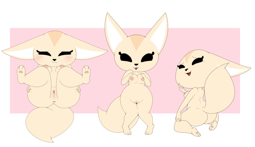 :3 aggressive_retsuko anthro anus ass blush breasts canid canine enookie female fennec fenneko fox fur genitals hi_res looking_at_viewer looking_back mammal multiple_poses nipples nude open_mouth pose presenting pussy sanrio simple_background smile smooth_skin solo