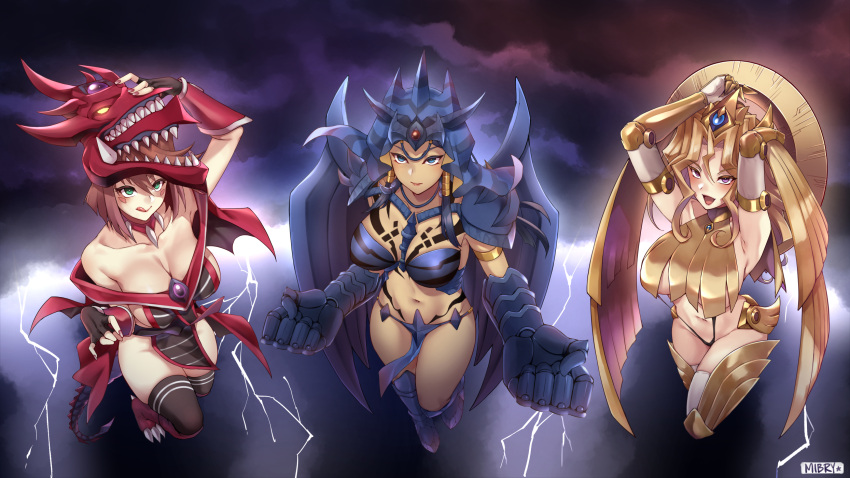 3girls armor big_breasts black_hair blonde_hair blue_eyes breasts brown_hair cleavage cosplay female green_eyes hi_res human ishizu_ishtar kujaku_mai long_hair looking_at_viewer mai_valentine mazaki_anzu mibry_(phrysm) obelisk_the_tormentor open_mouth purple_eyes saint_dragon_of_osiris sky_dragon_of_osiris slifer_the_sky_dragon tea_gardner the_winged_dragon_of_ra yu-gi-oh!