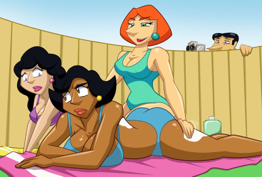 1boy 3girls alternate_breast_size big_ass big_breasts big_butt bikini black_hair bonnie_swanson brown_eyes camera chadrocco cleavage dark-skinned_female dark_skin donna_tubbs family_guy filming glenn_quagmire green_eyes huge_ass huge_breasts kneeling laying_down laying_on_stomach lois_griffin lotion milf purple_eyes red_hair sunbathing suncream swimsuit the_cleveland_show thigh_grab voyeur voyeurism