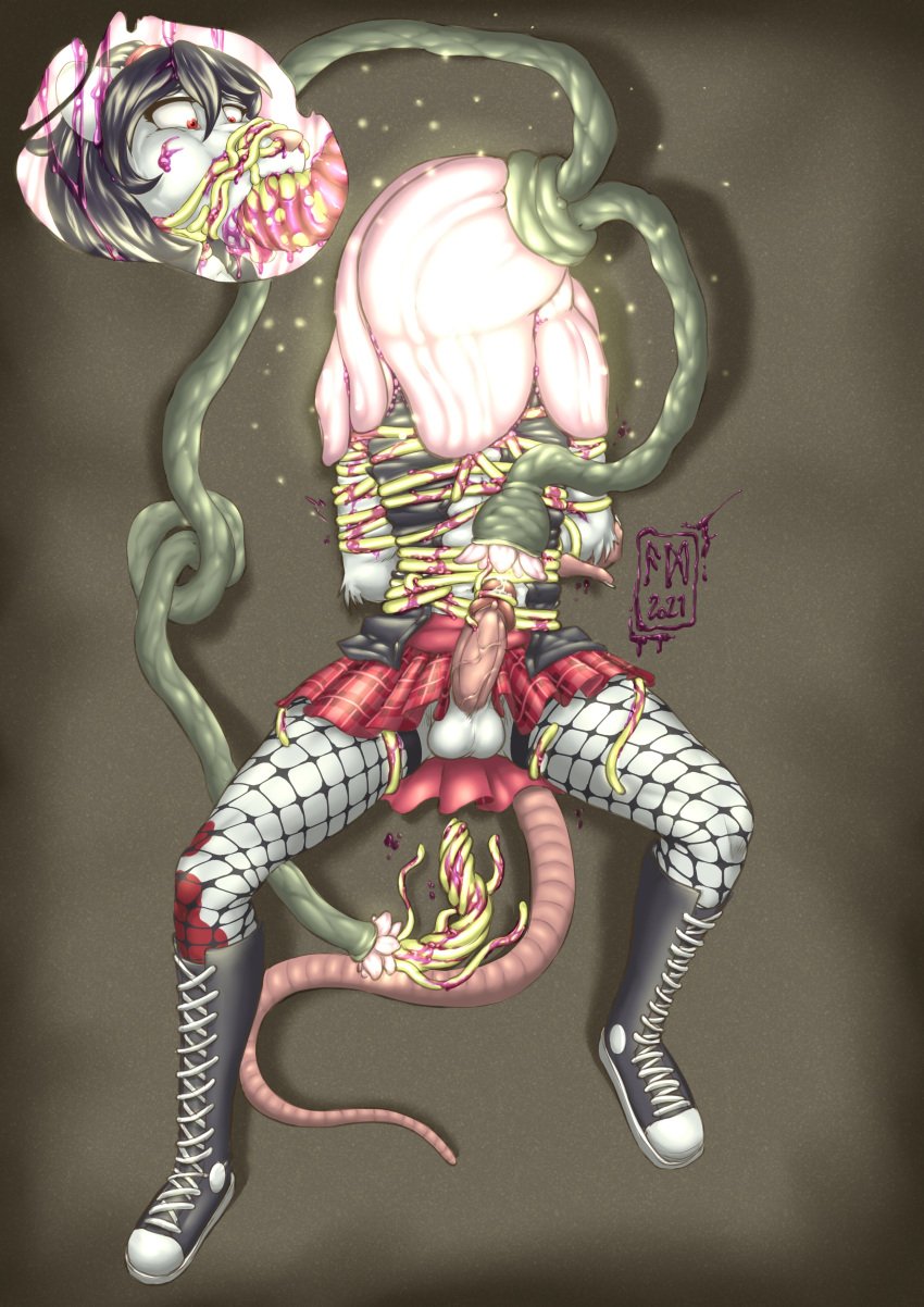 absurd_res anthro arms_tied balls bodily_fluids bottomwear bound clothed clothing crossdressing fishnet fishnet_legwear flower genital_fluids genitals hair hi_res humanoid_genitalia humanoid_penis legwear male male_only mammal milking_tentacles munsu89 murid murine nectar nostril_penetration oral penis plant precum rat rodent skirt solo stockings tentacle tentacle_masturbation torn_clothing vines