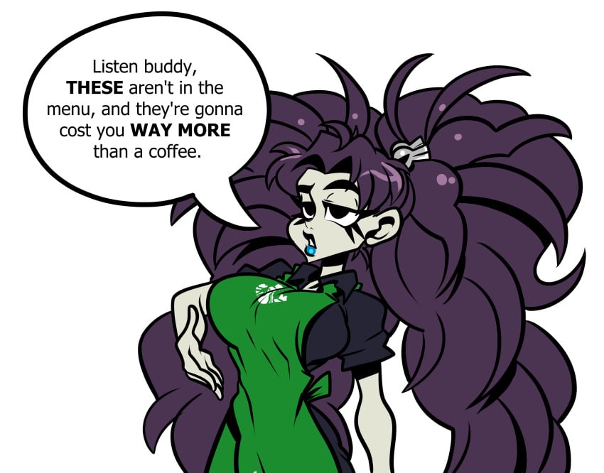 1girls barista big_breasts big_hair black_eyes black_shirt blue_lipstick clothed clothed_female dialogue goth goth_girl iced_latte_with_breast_milk light-skinned_female meme nevarky pale-skinned_female penny penny_(nevarky) purple_hair solo solo_female solo_focus starbucks talking_to_another twintails white_background