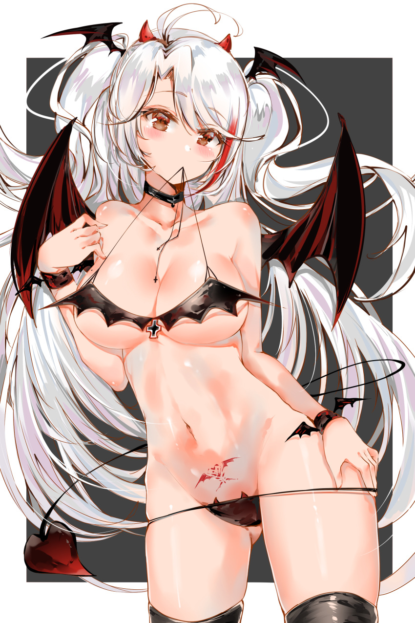 1girls absurdres antenna_hair ass_visible_through_thighs azur_lane bangs bare_shoulders bikini black_bikini black_legwear blush border breasts brown_eyes choker cleavage demon_girl demon_horns demon_tail demon_wings female grey_background hand_on_hip highres horns large_breasts long_hair looking_at_viewer micro_bikini mole mole_on_breast mouth_hold navel prinz_eugen_(azur_lane) pubic_tattoo silver_hair solo streaked_hair succubus succubus_tattoo swept_bangs swimsuit tail tattoo thighhighs two_side_up two_tone_hair untied untied_bikini white_border wings yukineko1018