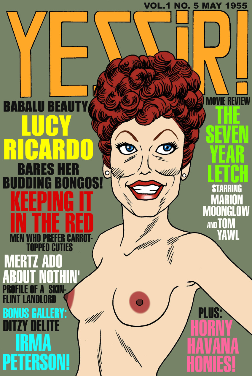 1girls 2020 blue_eyes earrings english_text eyelashes female female_only i_love_lucy lipstick lucy_ricardo medium_breasts nude red_hair solo toonytease