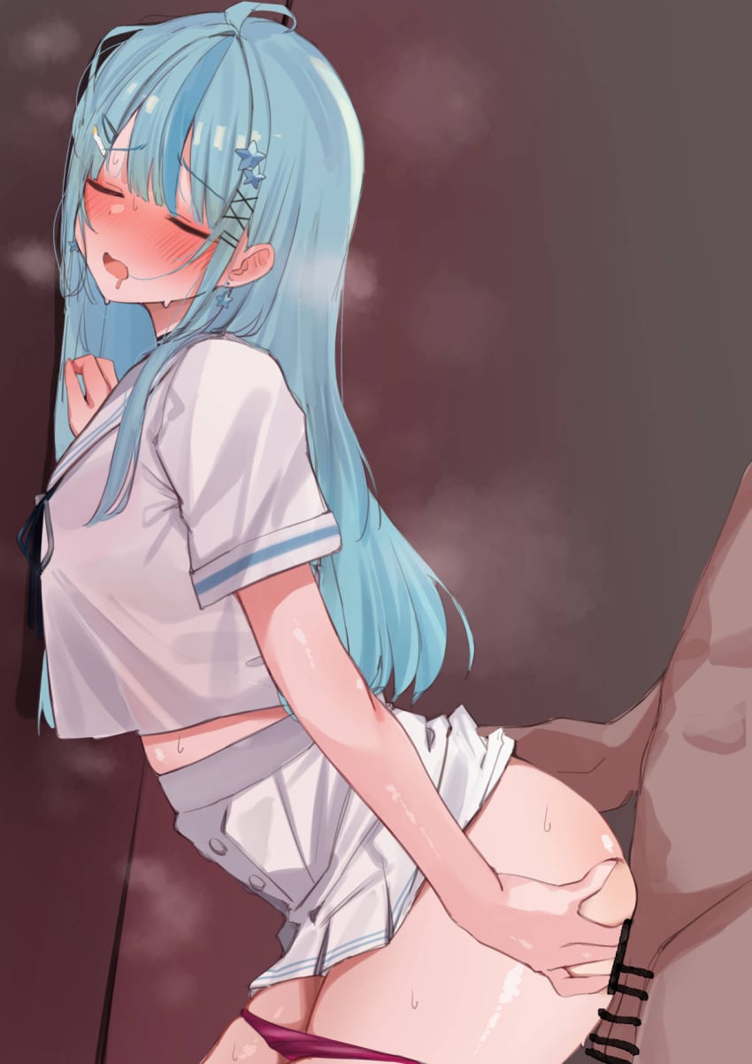 1boy 1girl against_wall ahoge ass ass_grab bar_censor blue_hair blue_nails blush breasts breath brown_background censored closed_eyes clothed_female_nude_male clothed_sex clothes_lift clothing dark-skinned_male dark_skin drooling female female_focus female_penetrated folia_leaf from_behind from_side fucked_from_behind hair_ornament hairclip hand_on_own_ass heavy_breathing hetero leaning_forward long_hair male midriff miniskirt multicolored_hair nijisanji nose_blush nude official_alternate_costume open_mouth panties pantsu panty_pull penis pink_panties pleated_skirt purple_panties sailor_collar saliva school_uniform serafuku sex sex_from_behind shirt short_sleeves skirt skirt_lift snowflake_hair_ornament solo_focus standing standing_sex steam steaming_body streaked_hair sweat tamanoi_nana underwear vaginal virtual_youtuber white_sailor_collar white_serafuku white_shirt white_skirt