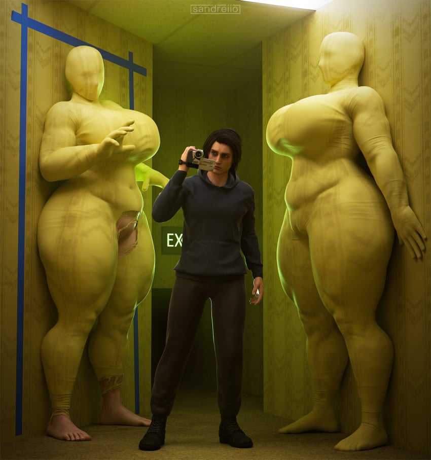 1boy 2girls 3d backrooms belly bodysuit chubby chubby_female clothed clothing curvy curvy_female curvy_figure full_body full_body_suit huge_breasts imminent_sex larger_female sandreiio size_difference smaller_male tagme torn_clothes torn_clothing unaware