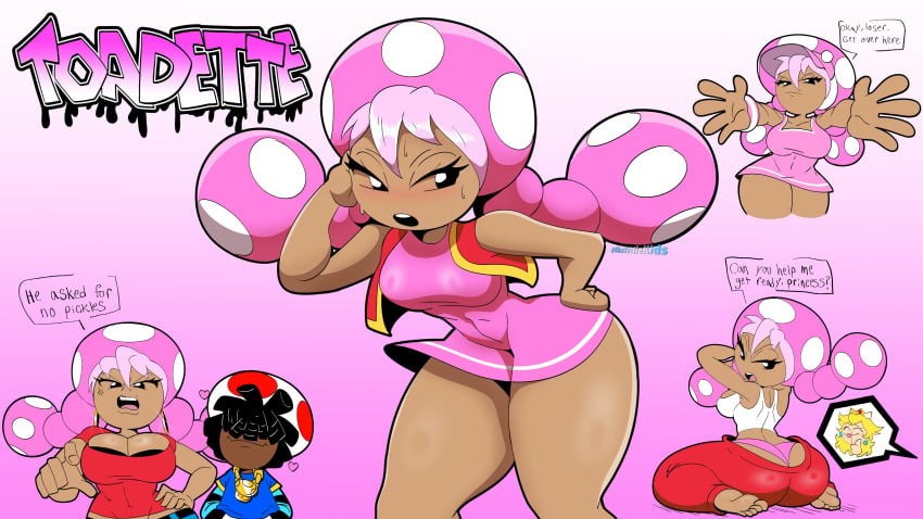 1boy 1girls 2026 2d ass blush blushing cleavage dark-skinned_female dark_skin english_text female female_focus hair he_asked_for_no_pickles mario_(series) multiple_images nintendo panties pink_hair pink_panties solo_focus text thick_thighs thighs toad_(mario) toadette underwear