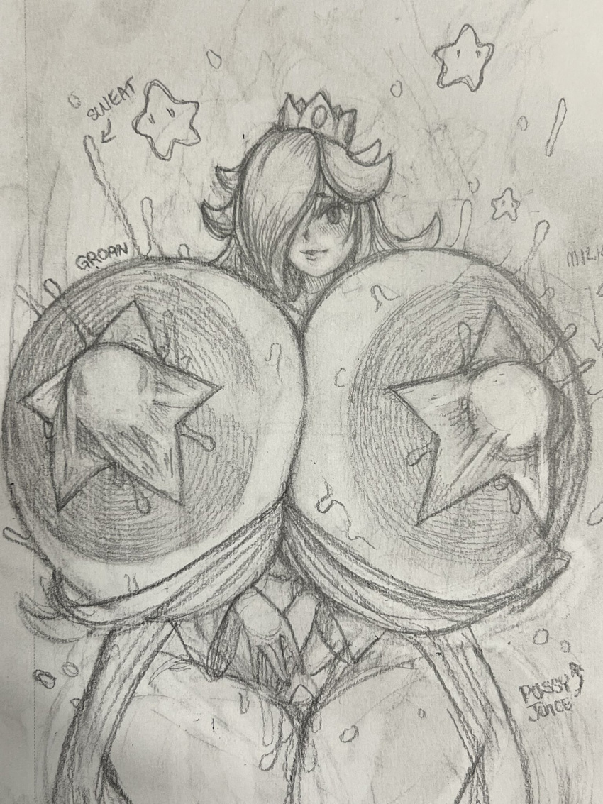 big_areola big_breasts huge_breasts hyper_breasts lactation mario_(series) milk orgasm pasties princess_rosalina pussy_juice pwcsponson sketch star super_mario_galaxy sweat