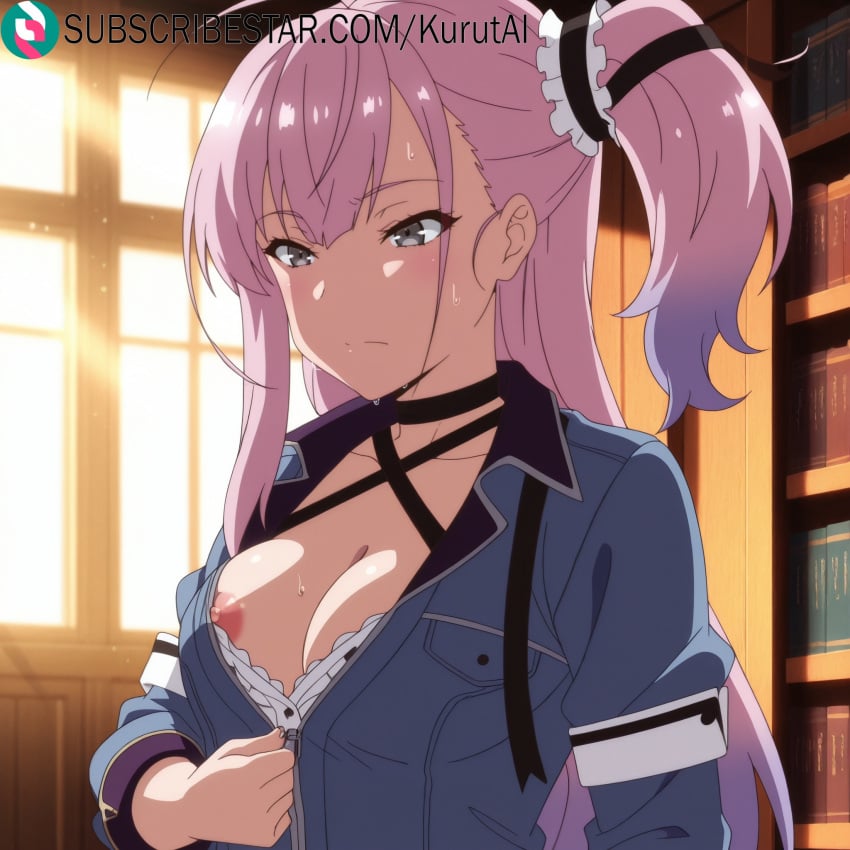 1girls ahoge ai_generated artist_name artist_signature bangs blush breasts choker collarbone eyebrows_visible_through_hair frills grey_eyes hi_res high_resolution highres indoors kurutai long_hair looking_at_viewer medium_breasts nipples one_breast_out pink_hair solo subscribestar subscribestar_username sweat toji_no_miko tsubakuro_yume uncensored upper_body