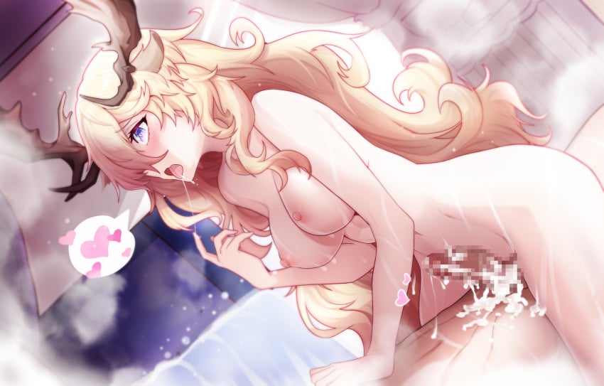 1boy absurdres after_sex after_vaginal animal_ears antlers arknights blonde_hair blush breasts censored completely_nude cowgirl_position cum cum_in_pussy ddddecade deer_antlers deer_ears deer_girl doctor_(arknights) dutch_angle female goat_ears goat_girl goat_horns hair_over_one_eye hand_on_another's_stomach heart highres horns indoors large_breasts long_hair looking_at_another mosaic_censoring nipples nude open_mouth overflow penis purple_eyes solo_focus speech_bubble spoken_heart spread_legs steam straddling straight very_long_hair viviana_(arknights) window