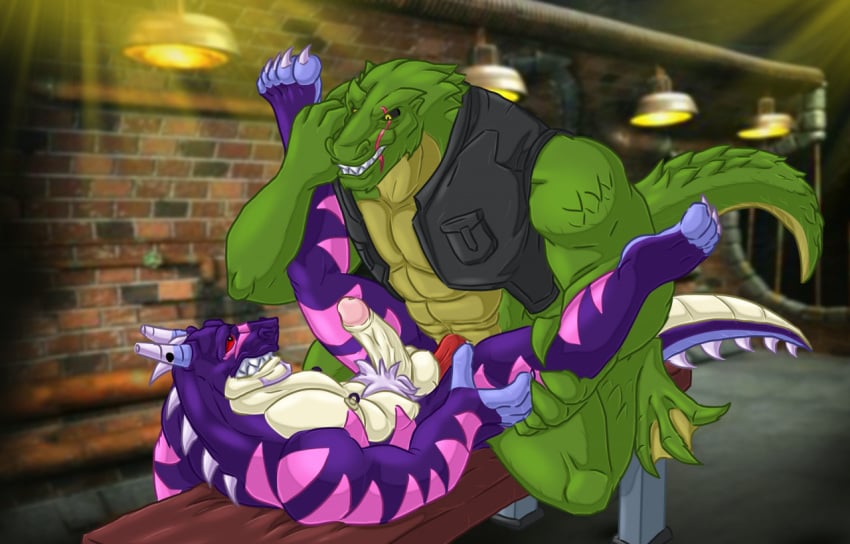 2boys anal anthro anthro_on_anthro balls batman_(series) big_penis black_vest clothing crocodile crocodilian dc dc_comics dragon duo erection eye_contact fan_character feet frankyzaraki furry furry_male furry_only gay genitals green_skin hand_on_leg huge_cock indoors interspecies killer_croc large_penis long_tail looking_at_another lying_on_back male male/male male_only mature_male muscles muscular muscular_male penis penis_in_anus purple_skin red_penis reptile scalie smile tail teeth testicles villain yaoi