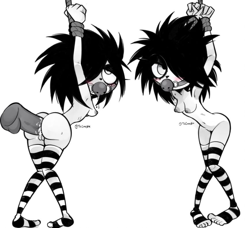 anal anal_penetration arms_tied ass ball_gag bondage breasts completely_nude completely_nude_female corgixnc cute_face drool hands_tied i_can't_sleep looking_back looking_pleasured nia nipples pussy stockings vagina