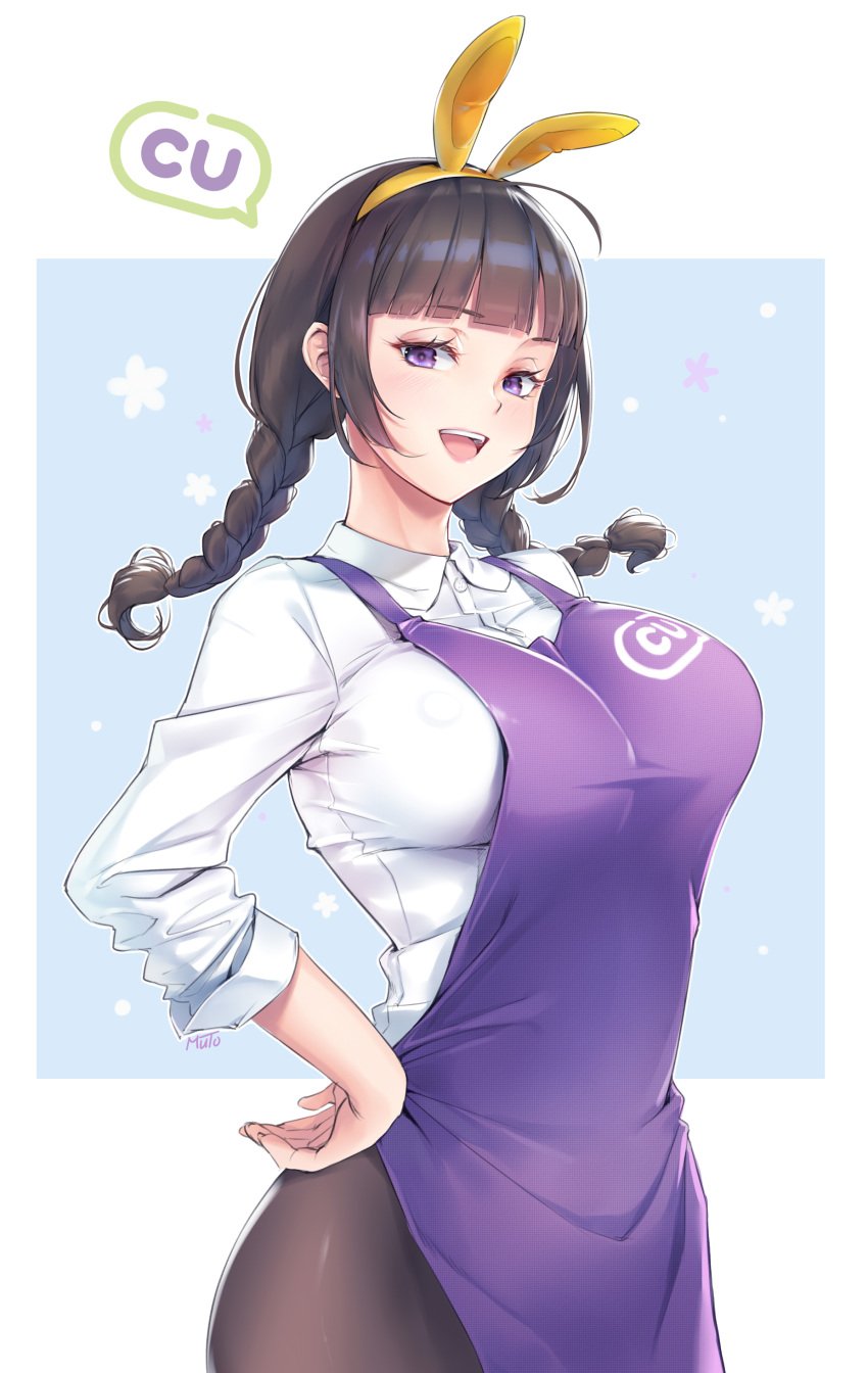 1girls 2019 animal_ears apron big_breasts black_hair blue_background blush breasts bunny_ears clothed clothing convenience_store female female_only high_resolution mascot muto open_mouth original purple_eyes shirt simple_background smile tagme twintails white_background