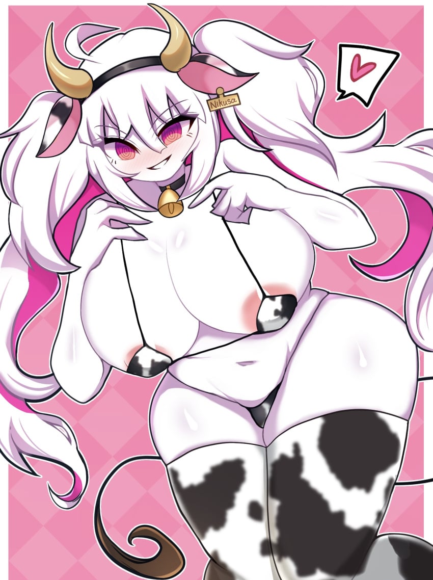 1girls alternate_hairstyle alternate_version_available beni_imo beni_imo_(beniimo45450721) big_breasts blush breasts collar cow_bikini cow_ears cow_horns cow_print cow_tail cowbell cowbell_collar female fnf fnf_entity fnf_mod fnf_mods friday_night_funkin friday_night_funkin:_entity friday_night_funkin_mod heart heart_symbol inner_hair large_breasts long_hair micro_bikini name_tag newgrounds nikusa_(sugarratio) pink_eyes pink_inner_hair tail thick_thighs thighhighs thighs thong twintails two_tone_hair voluptuous white-skinned_female white_body white_hair white_hair_female white_skin wide_hips