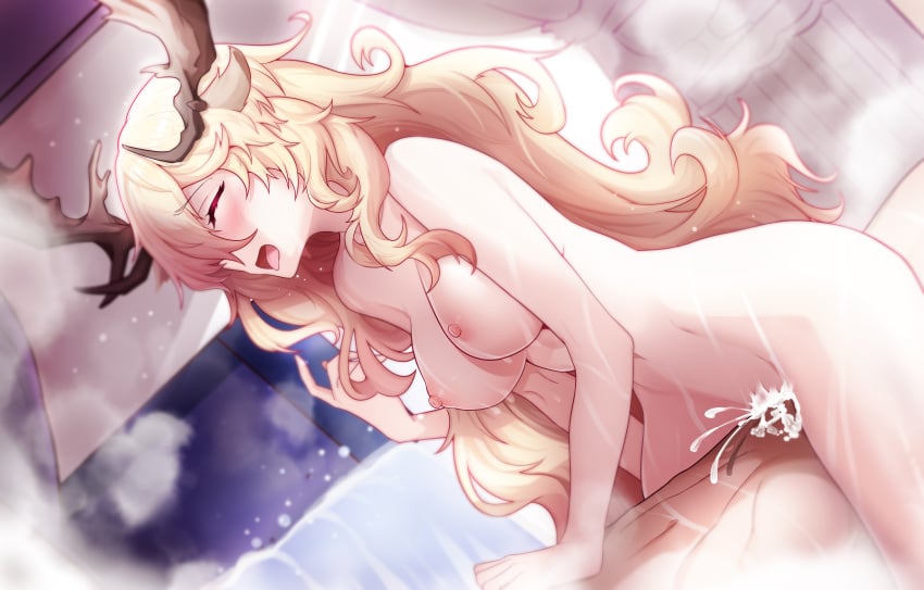 1boy absurdres animal_ears antlers arknights blonde_hair blush breasts closed_eyes completely_nude cowgirl_position cum cum_in_pussy ddddecade deer_antlers deer_ears deer_girl doctor_(arknights) dutch_angle ejaculation female hair_over_one_eye hand_on_another's_stomach heart highres horns indoors large_breasts long_hair nipples nude open_mouth overflow sex solo_focus speech_bubble spoken_heart spread_legs steam straddling straight very_long_hair viviana_(arknights) window