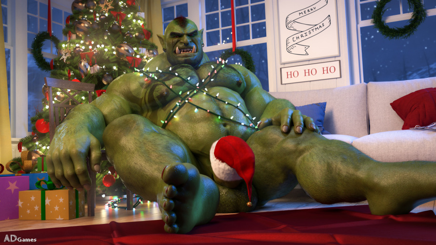 3d_(artwork) ad-games balls big_muscles chair chest_tattoo christmas christmas_clothing christmas_decorations christmas_headwear christmas_lights christmas_ornament christmas_tree clothing detailed_background digital_media_(artwork) feet furniture genitals gift hat headgear headwear hi_res holidays humanoid inside looking_at_viewer male male_only mohawk muscular muscular_male nipples not_furry orc orc_male overweight overweight_male penis pillow plant santa_hat sitting sitting_on_floor sofa soles solo tattoo toes tree window wreath