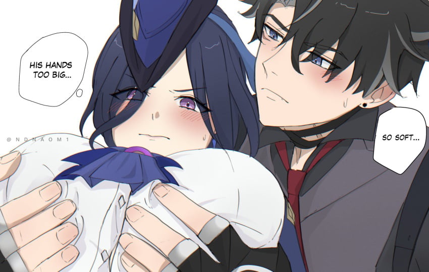 1boy 1girl 1girls big_breasts blush busty busty_female clorinde_(genshin_impact) cupping_breasts english_text female fingerless_gloves genshin_impact grope groping groping_breasts groping_from_behind male male/female ndnaom1 speech_bubble straight wriothesley_(genshin_impact)