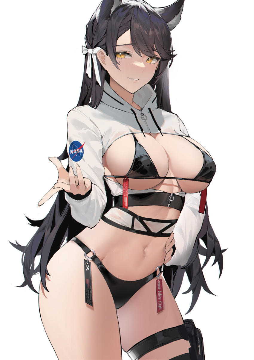 1girls 2021 aliosarvin alternate_costume animal_ears atago_(azur_lane) atago_(stunning_speedster)_(azur_lane) azur_lane belly bikini bikini_top black_hair bra breasts center_opening crop_top extra_ears female female_only high_resolution hood hooded_jacket jacker long_hair nasa navel panties revealing_clothes simple_background skimpy_clothes smile sweatshirt sweatshirt_and_bikini tagme thick_thighs thigh_strap thighs underwear white_background yellow_eyes