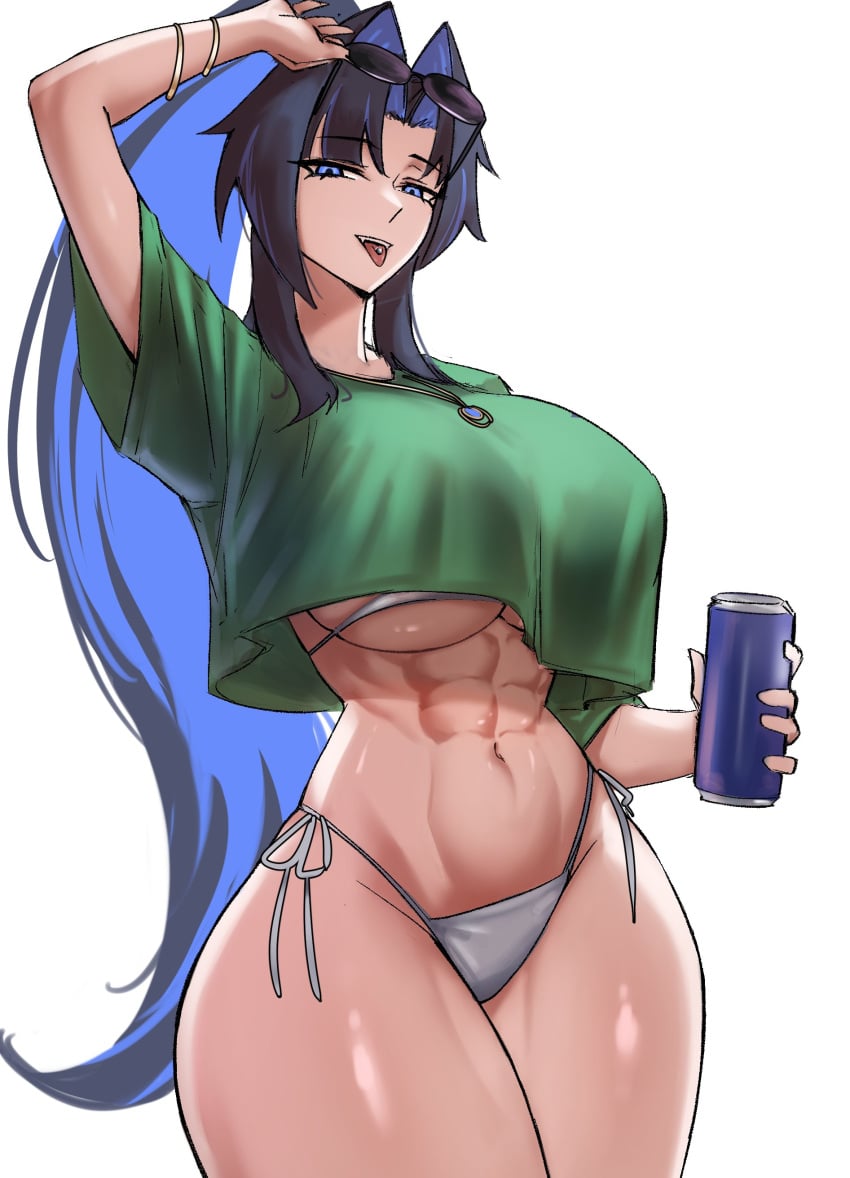 abs athletic athletic_female big_breasts bikini can female female_focus female_only grand_theft_auto_vi gta_vi_cover_girl highres hololive hololive_english huge_breasts large_breasts light-skinned_female light_skin ouro_kronii piercing simple_background standing sunglasses sunglasses_on_head swimsuit thick_thighs tongue tongue_out tongue_piercing underboob vanillanighttt virtual_youtuber white_background