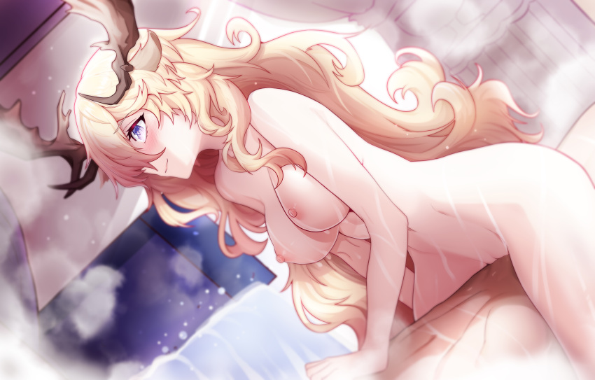 1boy 1girls absurdres animal_ears antlers arknights blonde_hair blush breasts closed_mouth completely_nude cowgirl_position ddddecade deer_antlers deer_ears deer_girl doctor_(arknights) dutch_angle female hair_over_one_eye hand_on_another's_stomach highres horns indoors large_breasts long_hair looking_at_another nipples nude purple_eyes sex smile solo_focus spread_legs steam straddling straight very_long_hair viviana_(arknights) window