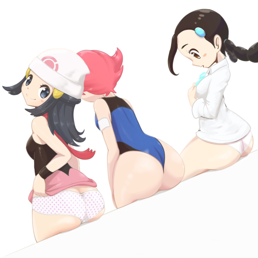 3girls ass ass_row big_ass big_butt black_hair blue_eyes blue_hair breasts candice_(pokemon) cute dawn_(pokemon) female female_only gym_leader leotard long_hair maylene_(pokemon) microsd_(artist) nintendo panties pantless pink_hair pokemon pokemon_dppt scarf short_hair short_pink_hair sitting smile triple_ass_focus white_background