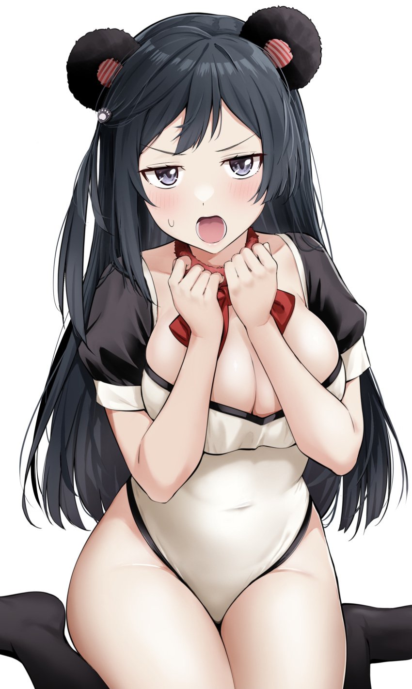 2d_(artwork) absurdres animal_ears bear_ears black_hair bow bowtie breasts cleavage covered_navel detached_sleeves embarrassed fake_animal_ears female grey_eyes hands_up highres kitaku_jikan_(ktk_jkn) large_breasts leotard long_hair looking_at_viewer love_live! love_live!_nijigasaki_high_school_idol_club open_mouth red_bow red_bowtie simple_background sitting solo sweatdrop thighs v-shaped_eyebrows wariza white_background white_leotard yuuki_setsuna_(love_live!)