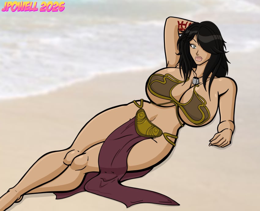 1girls beach bikini black_hair female female_only green_eyes huge_breasts laying_on_back randomredux rubi_malone slave_bikini slave_leia_(cosplay) slave_outfit tattoo tattoo_on_arm tattooed_arm wet_(game)
