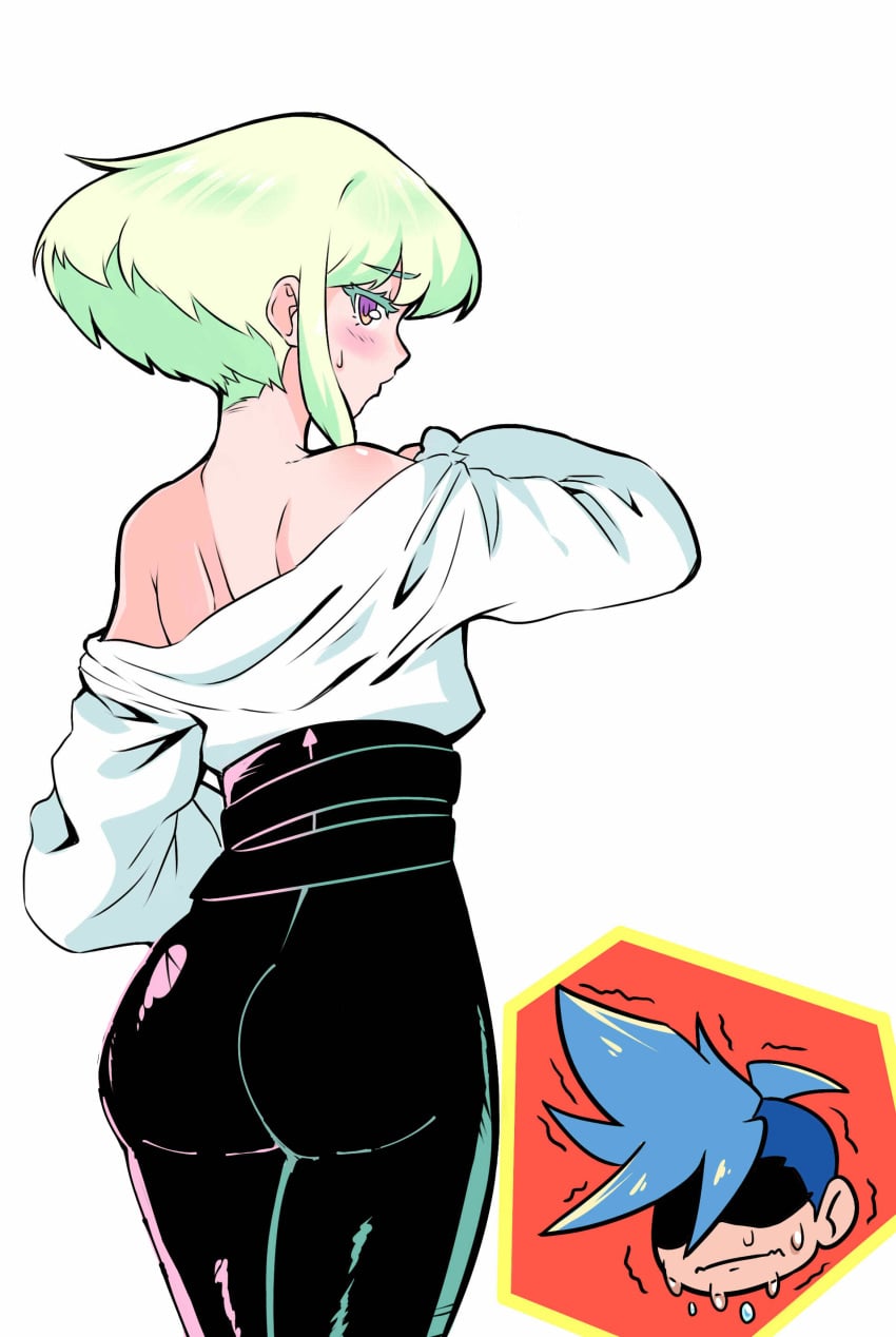 1femboy 2boys androgynous ass ass_focus back_view blush blushing bob_cut clothed clothing embarrassed femboy femboy_focus feminine_male galo_thymos gay lio_fotia looking_at_viewer nervous petite petite_body petite_male pov promare rear_view short_hair skin_tight slim slim_male slim_waist small_waist solo_focus sweating tight_clothing tight_pants twink undressing yaoi