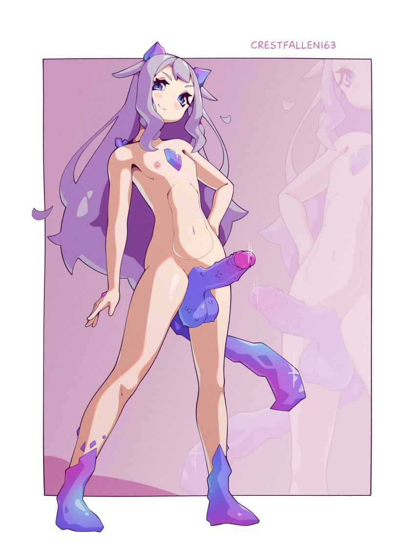 artist_name cat_ears cat_tail cel_shading completely_nude crestfallen163 futanari gem hand_on_hip hololive hololive_english huge_penis koseki_bijou large_testicles long_hair petite petite_body petite_breasts petite_female purple_hair self_upload small_breasts smile smug smug_smile standing virtual_youtuber