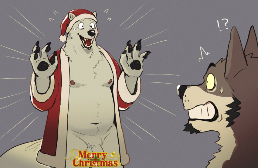 absurd_res anthro bedroom canid canine canis christmas christmas_clothing christmas_headwear claws clothed clothing costume fur grey_background hat headgear headwear hi_res holidays k0bit0wani male mammal nipples open_mouth partially_clothed polar_bear santa_costume santa_hat simple_background slightly_chubby ursid ursine white_body white_fur wolf