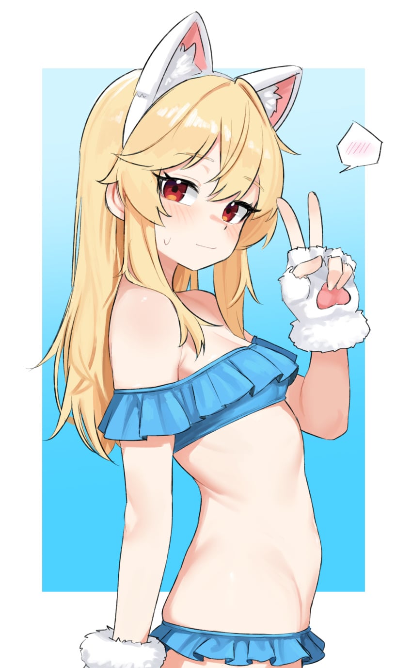 1girl absurdres animal_ears bikini blue_background blue_bikini blush border breasts cat_ears closed_mouth fake_animal_ears fingerless_gloves frilled_bikini frills fur_gloves girls'_frontline gloves highres long_hair looking_at_viewer medium_hair nagant_revolver_(girls'_frontline) peace_sign red_eyes shenqi_xiaohuang small_breasts solo spoken_blush stomach swimsuit v white_border