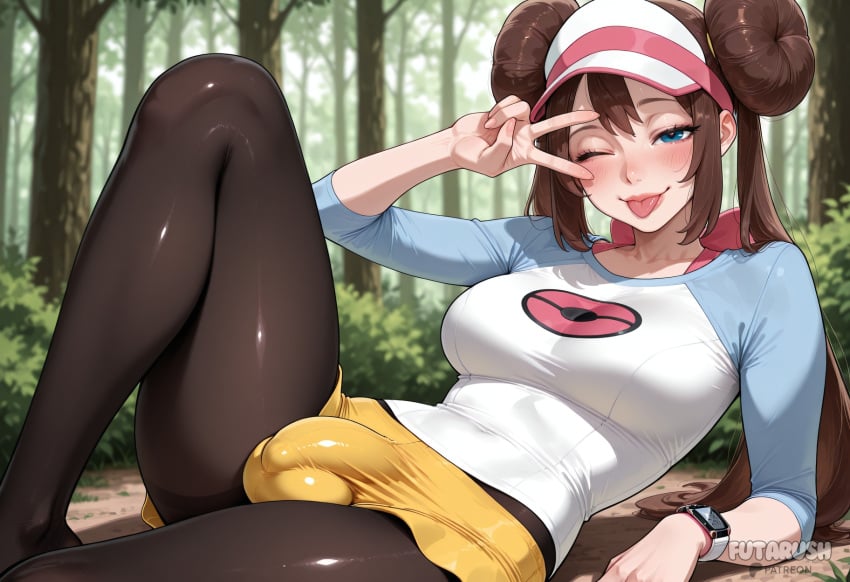 1futa ai_generated artist_name black_pantyhose blue_eyes blush breasts brown_hair bulge covered_penis double_bun erection_under_clothes forest futanari futarush hair_bun large_breasts long_hair looking_at_viewer lying medium_breasts nature one_eye_closed outdoors pantyhose patreon patreon_username pokemon pokemon_adventures pokemon_bw2 pokemon_masters_ex raglan_sleeves rosa_(pokemon) shirt short_shorts shorts solo sultryspark tongue tongue_out tree twintails v v_over_eye visor_cap yellow_shorts