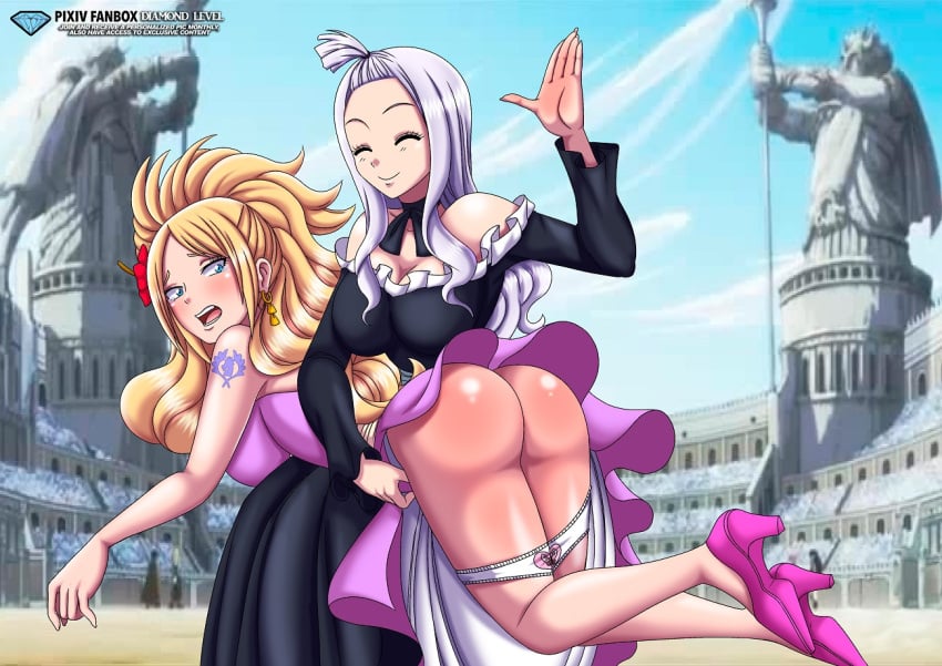 2girls black_dress blonde_hair blue_eyes closed_eyes fairy_tail female female_only flower_in_hair heart_panties high_heels jenny_realight long_hair looking_back mirajane_strauss multiple_girls open_mouth over_the_knee_spanking palcomix panties panties_down pink_dress pink_high_heels red_flower sliver_hair smiling spank_marks spanking white_panties yuri