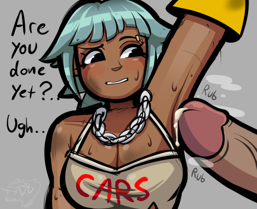2d armpits black_eyes blue_hair blush clothed cum cum_on_body drivingbearr fanart frankie_(peach_riot) large_breasts peach_riot penis pop_mart sketch sweat text unfinished