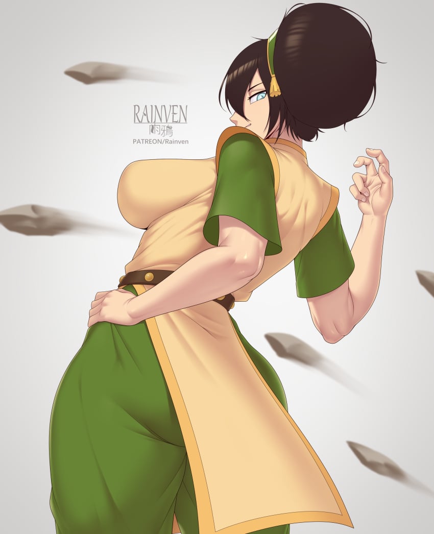 1girls alternate_version_available artist_name ass avatar_the_last_airbender big_breasts black_hair blind breasts clothing dress female female_only green_dress hair hair_bun hair_ornament hand_on_hip headwear looking_back rainven solo solo_female toph_bei_fong
