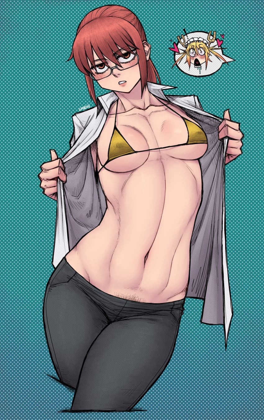 1girls black_pants bottomwear bra breasts cleavage clothing eyewear female female_only glasses kobayashi limn044 miss_kobayashi's_dragon_maid open_shirt pants pubic_stubble red_eyes red_hair shirt small_breasts solo solo_focus speech_bubble thighs tohru_(dragon_maid) topwear white_shirt yellow_bra