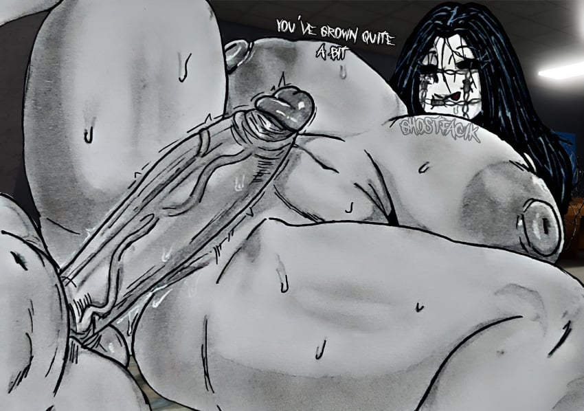 1boy 1girl artist_name black_hair dialogue english_text explicit ghostfacik glistening_skin huge_breasts huge_penis ink keiko_(the_mimic) legs_spread lineart long_hair looking_at_another lying_on_back monochrome nsfw penis_on_pussy roblox roblox_game self_upload sketch smile sweat sweaty text the_mimic thick_thighs tongue_out traditional_media
