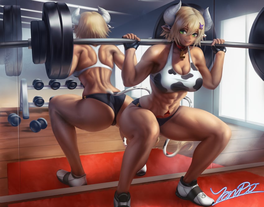 1girls 2021 abs alternate_version_available bell bell_collar blonde_hair breasts collar collarbone cow_ears female female_focus female_only green_eyes gym horns mirror muscular muscular_female original original_character shorts six_pack solo solo_female sports_bra squatting thick_thighs thighs yonpii