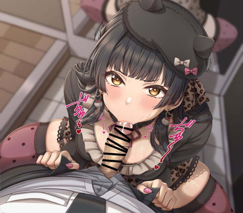 1boy absurdres animal_print bangs beret black_hair black_headwear black_shirt blush breasts brown_eyes brown_skirt cum cum_in_mouth earrings erection fellatio female hair_ribbon hat heart heart_earrings highres idolmaster idolmaster_shiny_colors jewelry leopard_print long_hair long_sleeves looking_at_viewer looking_up mayuzumi_fuyuko medium_breasts momo_no_sukebe oral penis pink_thighhighs pov ribbon shirt skirt solo_focus spread_legs squatting straight thighhighs thighs