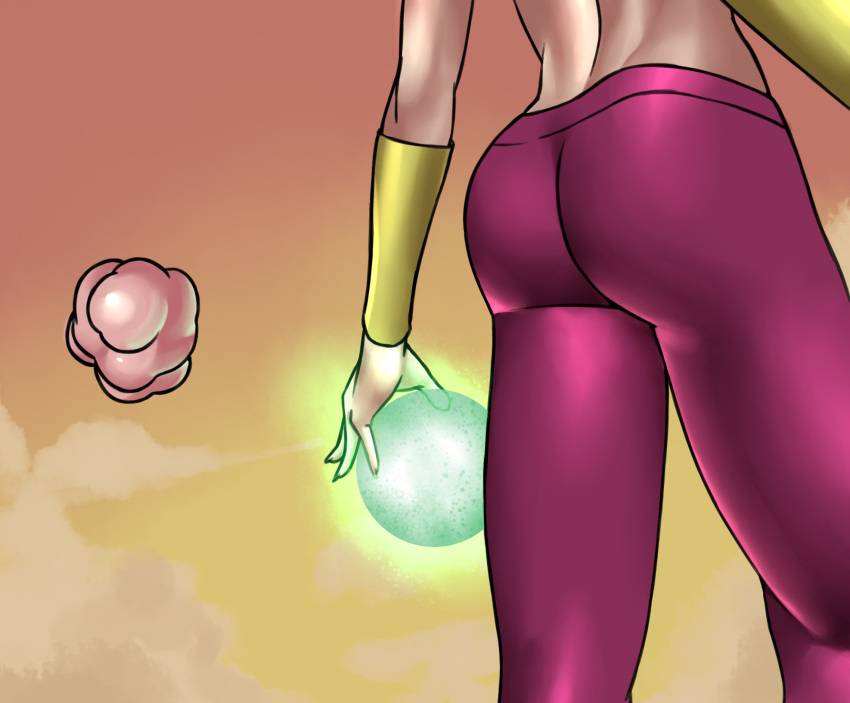 1girls ass butt dat_ass dragon_ball dragon_ball_super dragon_ball_z energy flying godvore green_hair kefla majin majin_buu shiny shiny_ass shiny_skin sky sunset