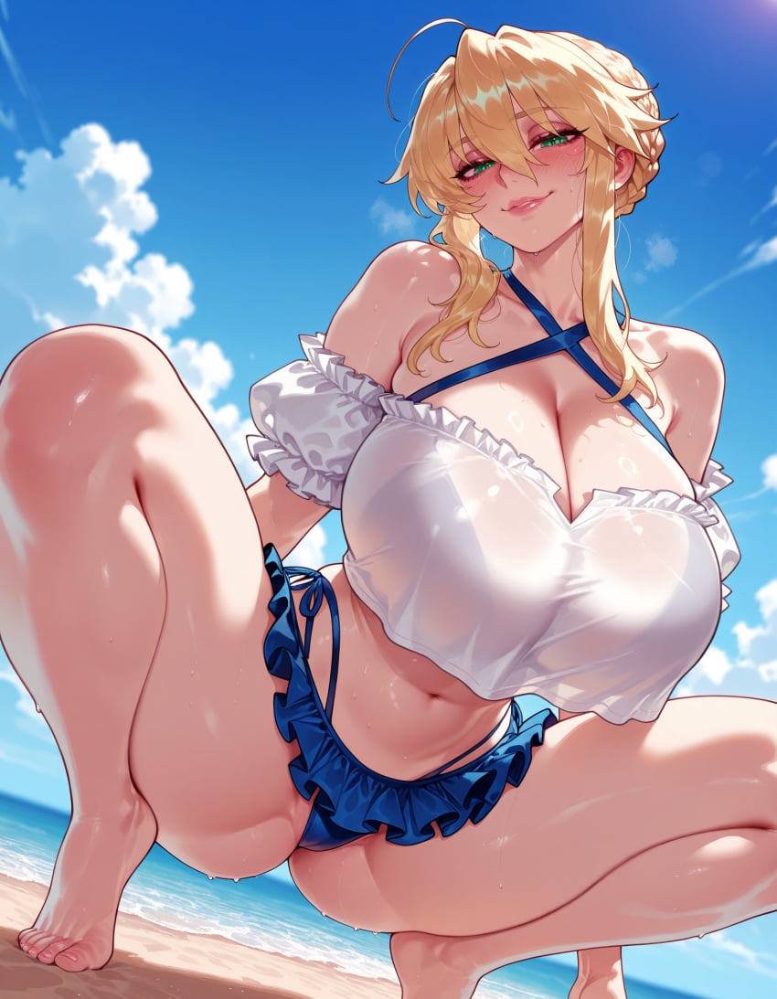 1girl 1girls ahoge ai_generated artoria_pendragon artoria_pendragon_(fate) artoria_pendragon_(lancer) artoria_pendragon_(lancer)_(fate) balecxi bare_shoulders barefoot beach bikini blonde_hair blue_bikini blue_skirt blue_sky blush braid braided_bun breasts cleavage clothing cloud collarbone criss-cross_halter crop_top crop_top_overhang curvaceous curvaceous_female curvaceous_figure curvy curvy_figure day fate/grand_order fate_(series) feet female female_focus french_braid frilled_skirt frills green_eyes hair_between_eyes hair_bun halterneck highleg highleg_bikini huge_breasts inviting inviting_to_sex large_breasts legs lips looking_at_viewer miniskirt navel ocean off-shoulder_shirt off_shoulder outdoors presenting presenting_ass presenting_breasts presenting_hindquarters presenting_pussy presenting_self puffy_sleeves seductive seductive_look seductive_smile shirt shore short_sleeves sidelocks skirt sky smile solo spread_legs squatting swimsuit thick_thighs thighs tiptoes toenails toes uncensored voluptuous voluptuous_female white_shirt