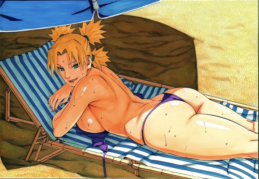 accurate_art_style accurate_body_type accurate_proportions ai_generated beach beach_background beach_umbrella big_ass big_breasts bikini bikini_bottom grai laying_down laying_on_stomach manga_style masashi_kishimoto_style naruto naruto_(series) sunbathing sweat sweatdrop temari topless topless_female umbrella