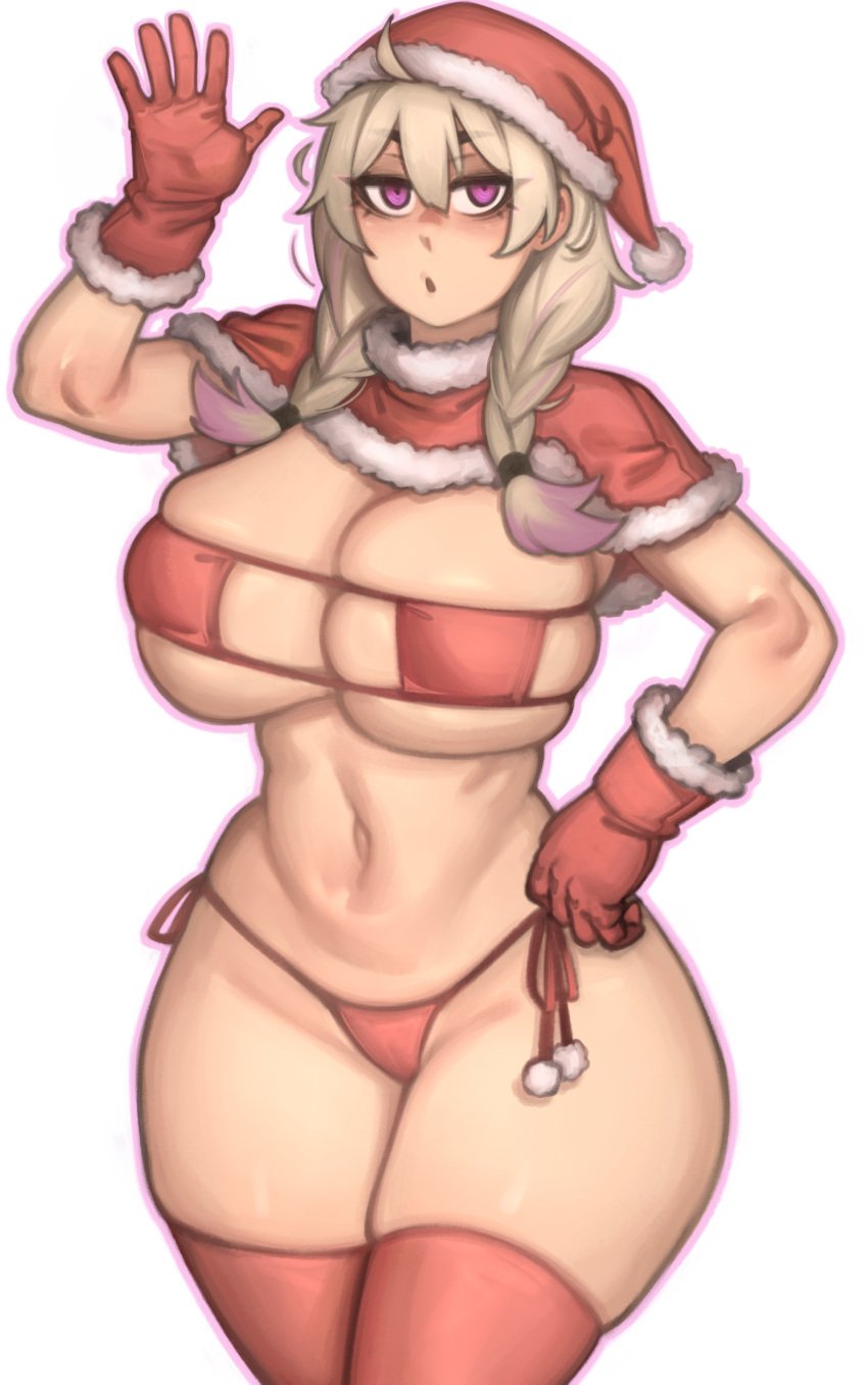 1girls big_breasts bikini breasts christmas christmas_outfit eye_contact eyepatch_bikini female gloves kelvin_hiu looking_at_viewer micro_bikini original original_character santa_hat solo thick_thighs violet_(kelvin_hiu) wide_hips