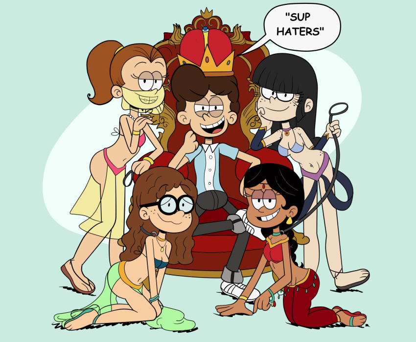 4girls belly_dancer benny_stein braces chair dialogue embarrassed glasses harem harem_outfit indian indian_female leash luan_loud maggie multiple_girls nickelodeon ruby_(the_loud_house) sitting surrounded the_loud_house